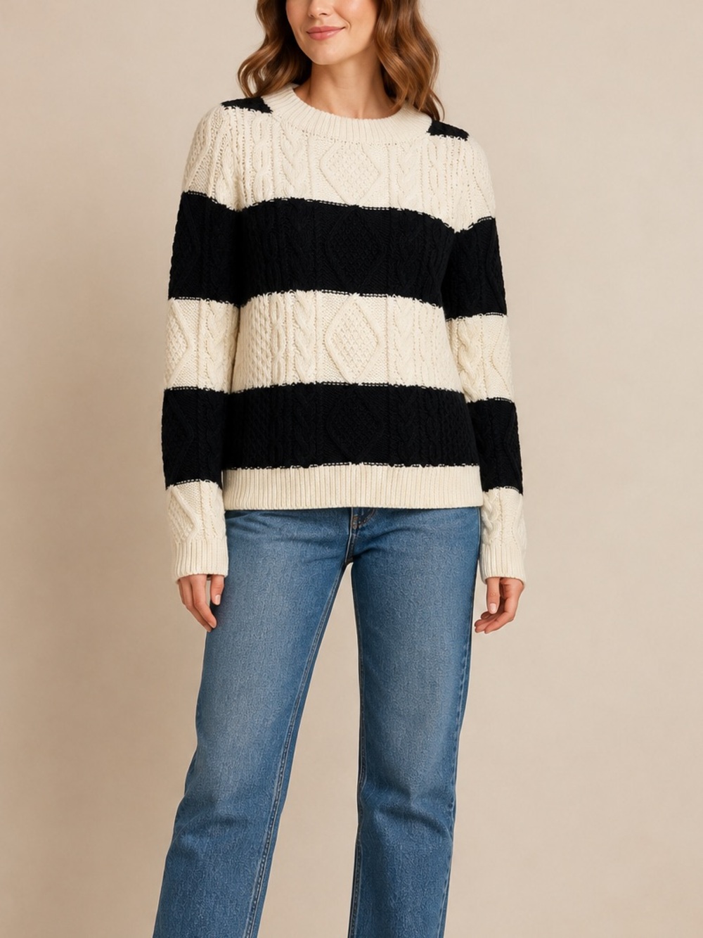 J. Crew Handknit Size S 100% Wool Black Cream Cable Knit Sweater